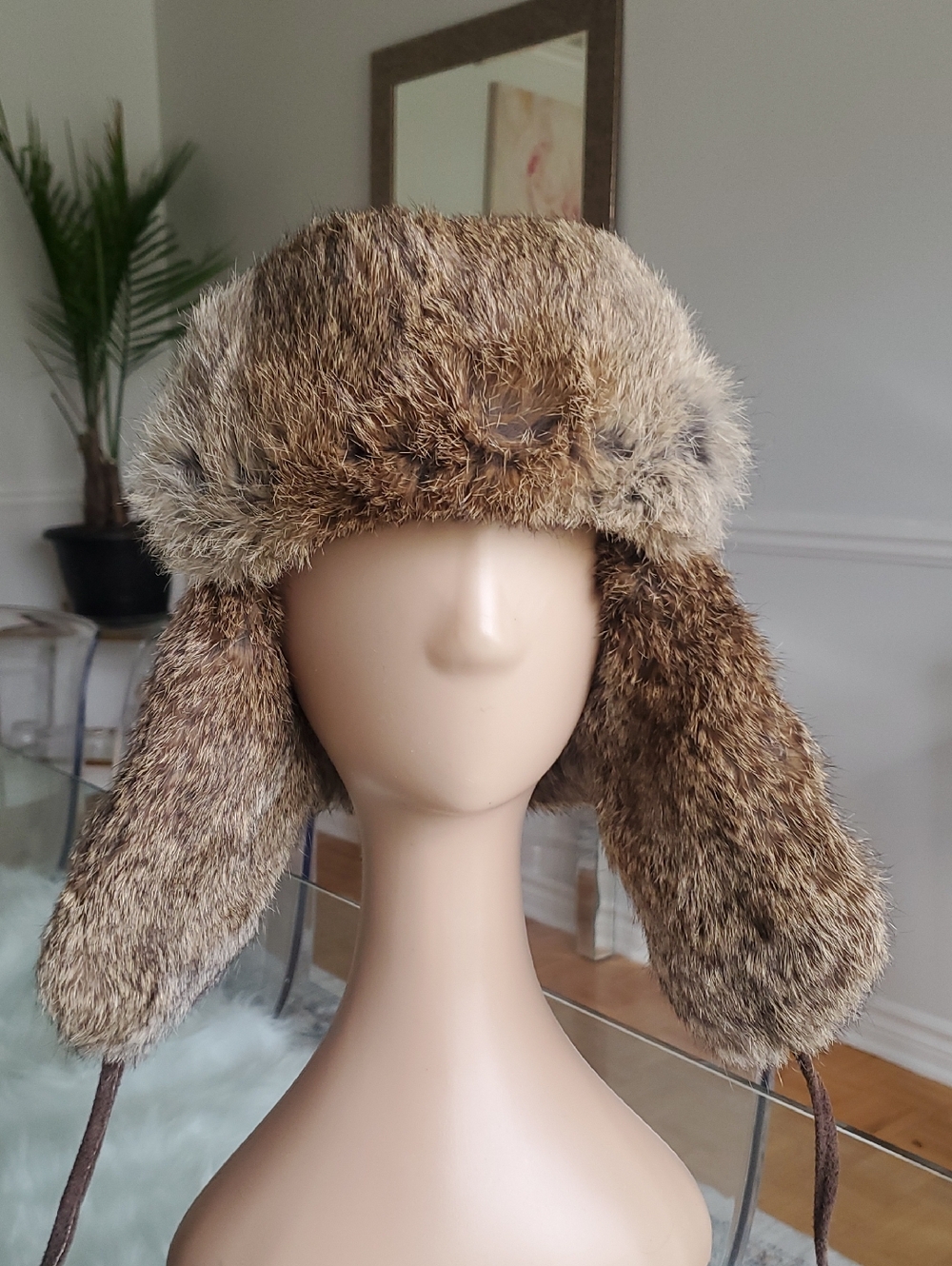Real Rabbit Fur Cable Knit Trapper Hat
